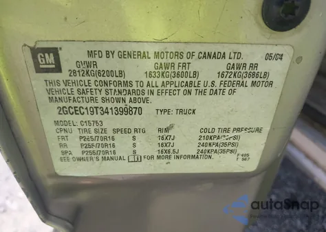 2004 Chevrolet Silverado 1500 Lt из США, поврежденный, VIN 2GCEC19T341399870